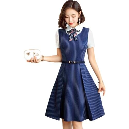 Lenshin Women Sleeveless Pleated Dress V-neck Striped Slim Office Lady Work Wear Teacher JK Uniform With Lining