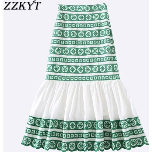 ZZKYT 2021 Women Summer Fashion Floral Embroidery Zipper Midi Skirt Vintage High Waist Ruffles Ladies Skirts Casual Vestidos