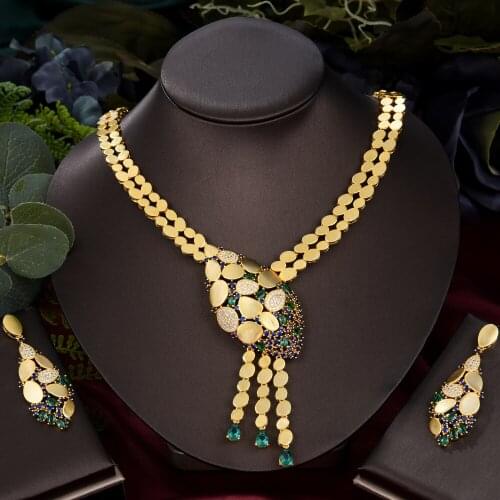 Brand Dubai Italian 2PCS Shiny Gold Necklace Earrings for Noble Luxury Women Bridal Wedding Party Show Jewelry Sets african