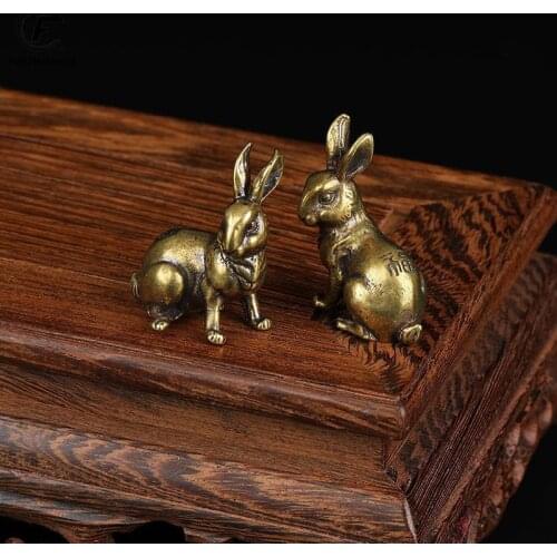 Antique Copper Zodiac Cute Rabbit Statue Ornaments 1 Pair Vintage Solid Brass Animal Miniature Figurine Tea Pet Desk Decoration