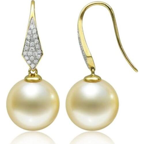 Free Shipping AAA 12.2mm Golden Real South Sea Pearl Diamond Drop Earrings 18K Yellow Gold