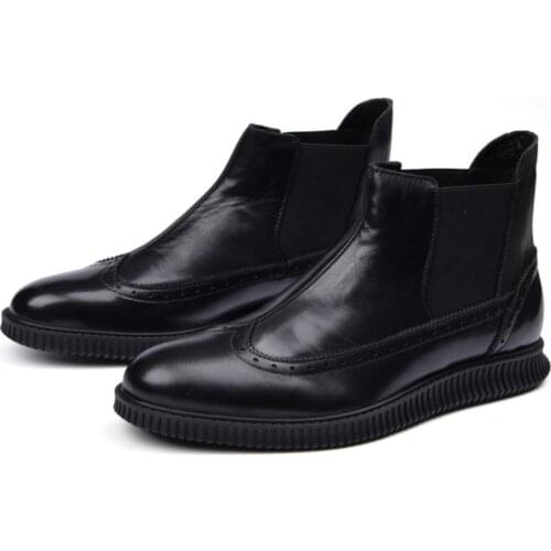 Mens Genuine Leather Chelase Ankle Boots Round Toe Thick Soles High Top Falt Shoes Office WorkHeight Increased Men Boots 38-44