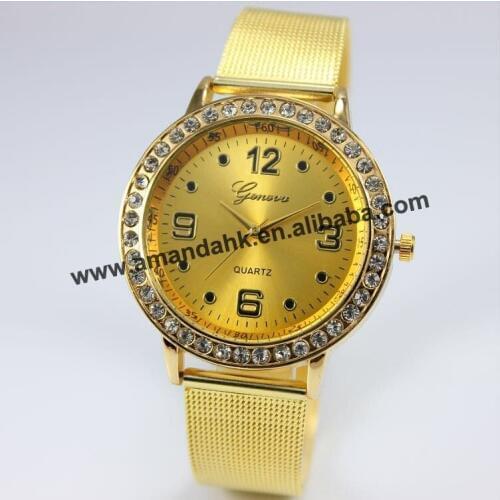 New New Gold Geneva Watch Full Stainless Steel Woman Fashion Dress Watches New Brand Name Geneva Women Rhinestone Quartz Watch