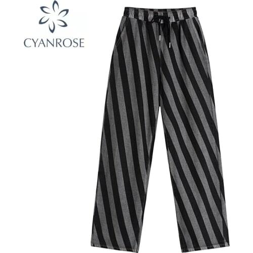 Womens Denim Pants Fashion Wide Leg Lace Up Spring Autumn 2021 Straight High Waist Striped Casual Jean Trousers Streetwear New