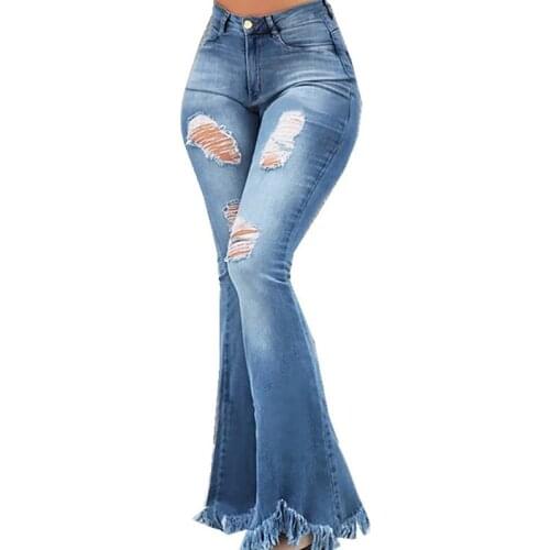 New Women Ripped Flare Jeans High Waist Fringe Denim Skinny Pants Stretch Jeans Female Wide Leg Jeans Bell Bottoms Clothes
