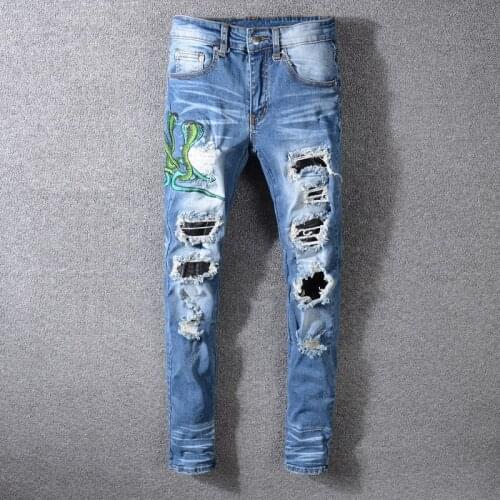 European American Streetwear Men Jeans Blue Color Destroyed Ripped Jeans Men Slim Fit Cobra Embroidery Fashion Hip Hop Jeans