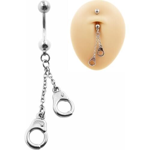JHJT 14G 316L Surgical Steel Piercing Navel Bar Chain Dangle Handcuffs Pendant Belly Button Rings Fashion Woman Body Jewelry