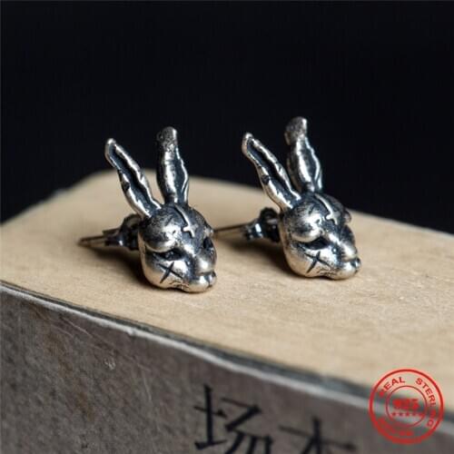 MKENDN Gothic Style Creative Vintage Cross Bunny Stud Earring Cute Rubbit 925 Sterling Silver Retro Punk Ear Jewelry