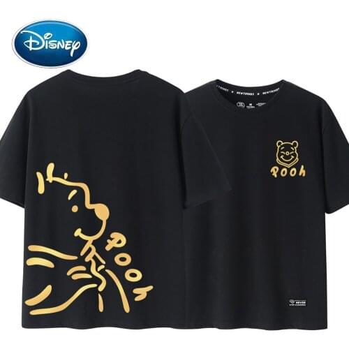 Disney Chic Fashion Front Back Winnie the Pooh Bear Gilding Cartoon Print Women T-Shirt Unisex Couples Cotton Tee Tops 7 Colors
