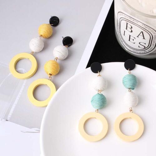 Fashion Korean Net Red Earrings Girls Retro Temperament Linen Hemp Rope Hit Color Ball Earrings Round Circle Wood Earring