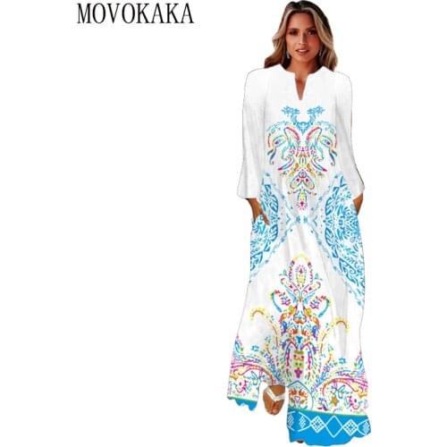 MOVOKAKA 2021 3D Blue Printed White Dress Autumn Long Sleeve Beach Casual Dresses Woman Elegant Girl Breathable Long Dress Women