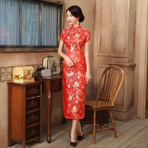 Performance Clothing Long Cheongsam Dress Brocade Retro Slim Performance Long Dress Chinese Style Improved Qipao Party Gown