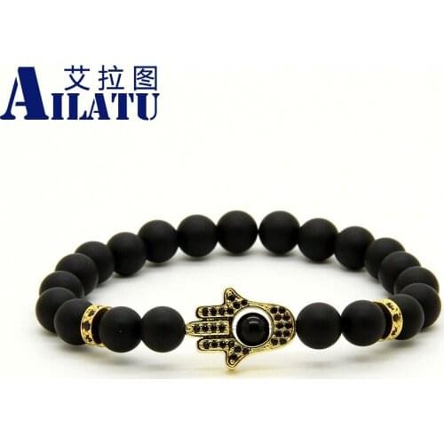 Ailatu Jewelry Wholesale 8mm Black Matte Onyx Stone with Micro Inlay Black Cz Fatima Hand Hamsa Beaded Bracelets