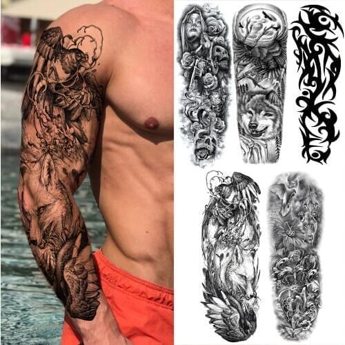 Eagle Wolf Temporary Tattoos Sleeve For Men Women Realistic Fake Dove Angel Gangster Rose Tatoo Full Arm Totem Tattoo Sticker