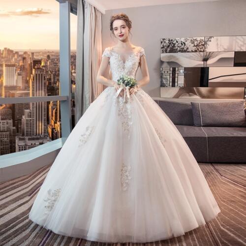 Boat Neck wedding dress 2021 New Bride Dress Korean European American Court Princess Slim And Simple Large Size Floor Length