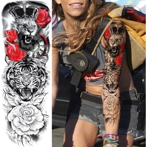 Mighty Tiger Temporary Tattoos Body Art Full Arm Sleeve Red RoseTatoo Disposable Fake Lion Tattoo Stickers Flower For Men Women