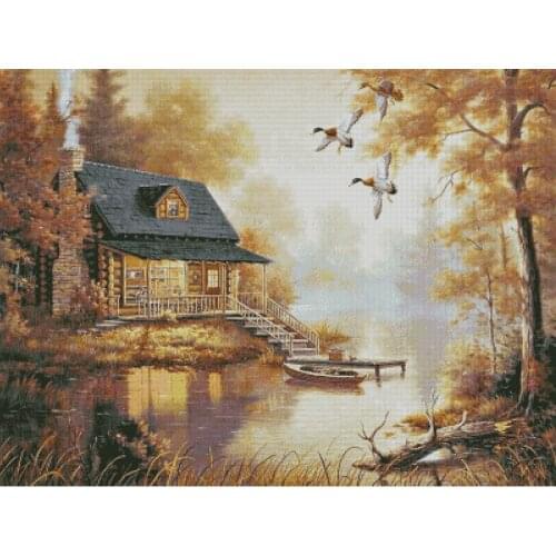 Popular Embroidery The Cabin By the Lake Counted Cross Stitch Patterns Free with 100% Cotton Floss &Free Shipping for Wall Decor