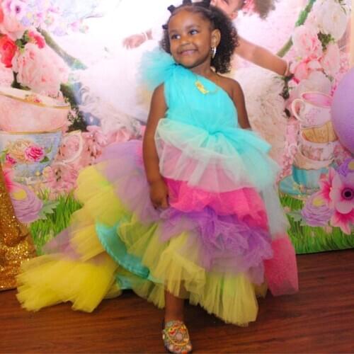 Rainbow puffy girls birthday party dresses one shoulder colorful tiers flower girls dresses celebration gowns custom