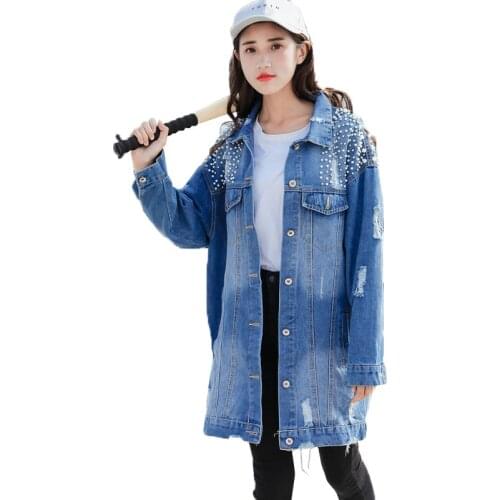 Spring Autumn Vintage Jeans Jacket Women Long Sleeve Beaded Loose Outerwear Female Casual Long Student Windbreaker Denim Jacket