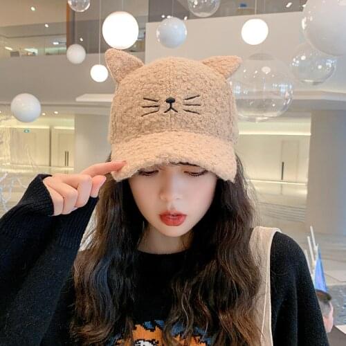 Women and Men Cartoon Winter Cat Ears Embroidery New Hat Female Korean Cute Lamb Wool Warm Baseball cap For Girls wild Tide Cap