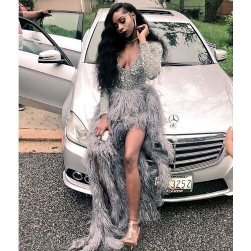Ostrich Feather Prom Dresses A Line Long Sleeves Plunging V Neck Side Split Evening Gowns Plus Size Formal Party Dress DP0479