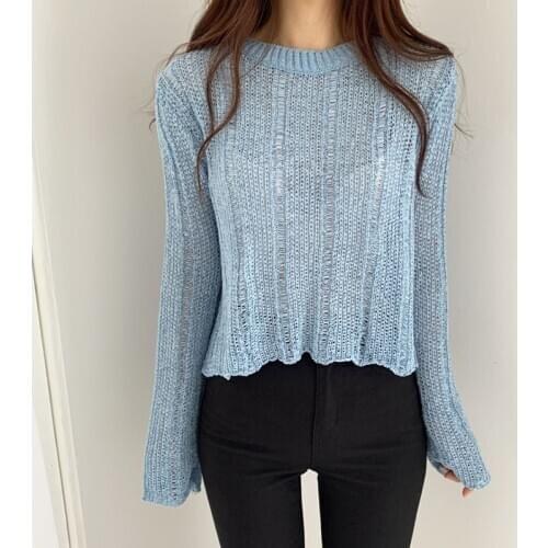 Women Hollow Knitted Long Sleeve Sweaters Pullover Female Loose Thin Sweater
