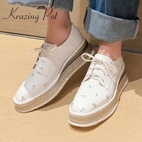 Krazing pot patent leather round toe straw wedges cross-tied young lady streetwear comfortable leisure classic women pumps L19