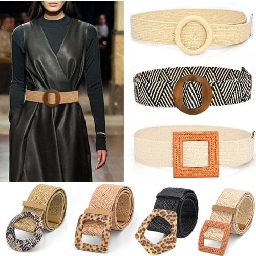 Vintage Bohemian Wide Belt Summer Wooden Buckle Wild Braided Belt Female Leopard Buckle Linen Weave Women Fake Straw Waist Belt