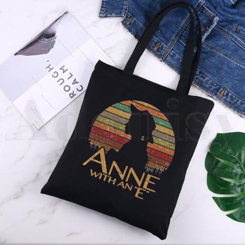Anne Shirley Green Gables Black Canvas Print Shopping Bags Girls Fashion Life Casual Pacakge Hand Bag