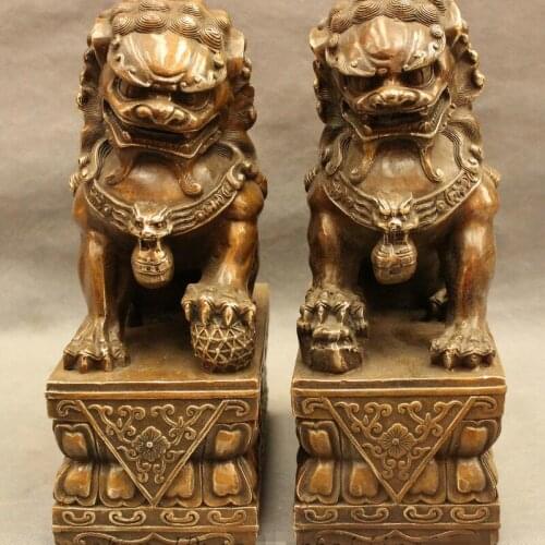 Zhaorui48843297+ +9" Folk Chinese Bronze Copper Animals FengShui Foo Fu Dog Door Lion Statue Pair