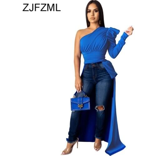One Shoulder Sexy Irregular Maxi Blouse 2021 Women Puff Sleeve Front Short Back Long Shirt Autumn High Waist Backless Party Tops