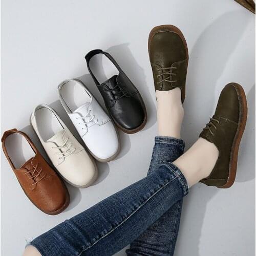 Women Genuine Leather Flats Ladies Lace Up Soft Bottom Casual Shoes Woman Shallow Loafers Round Toe Tendon Shoes Female Sneakers