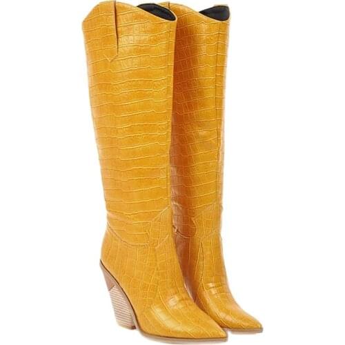 Boot shoes Microfiber Leather Women knee high Boots Toe Western Cowboy Boots Chunky High Heels Motorcycle Boots White Black