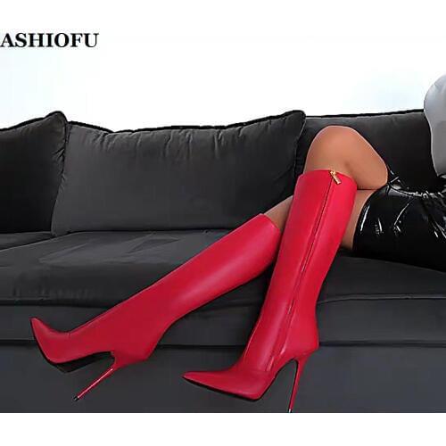 ASHIOFU Handmade Ladies High Heel Boots New Hot Style Party Prom Knee-hi Boots Pointed Toe Big-size Evening Fashion Boots Shoes