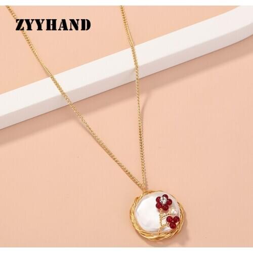ZYYHAND Natural Baroque Pearl Cross Chain Women Gold-Color Romantic Flower Party Wedding Wrap Luxury Nest Girl Pendant Necklace