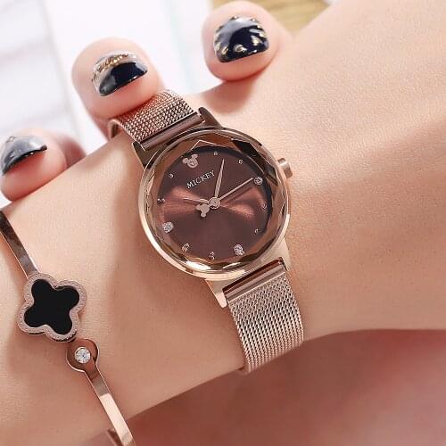 Disney Stainless Steel Golden Rose Watch Mickey Mouse Mesh Belt Fashion Simple Watch Ms. Lingjing Watch 349
