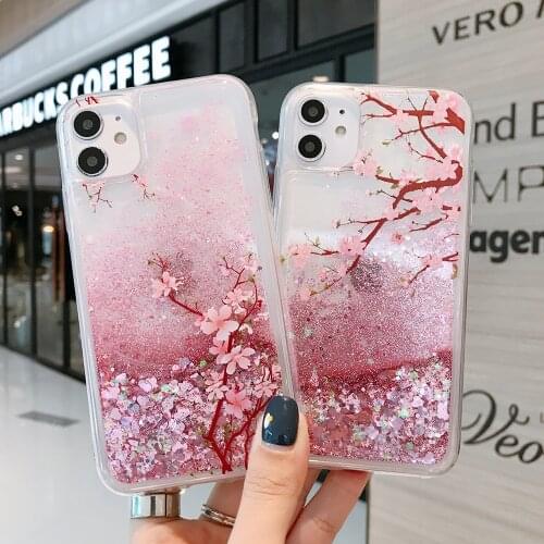 Flowers Glitter Pink Phone Case For iphone 12 6 6S 7 8 Plus X XS 11 Pro MAX XR Dynamic Quicksand Liquid Protective Back Cover