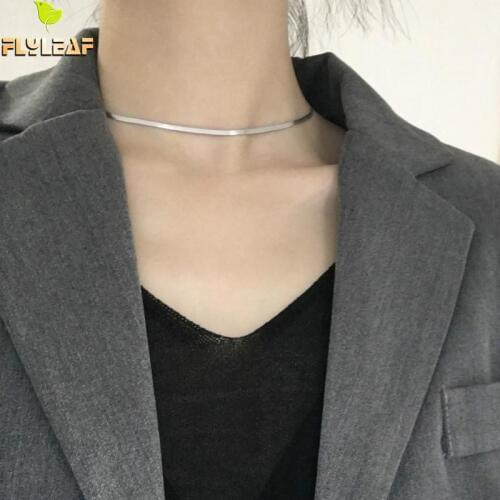 Flyleaf Simple Flat Snake Bone Chain Choker Necklace 100% 925 Sterling Silver Short Necklace For Women Fine Jewelry Fashion