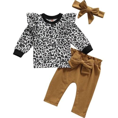 3pcs Baby Girls Autumn Clothes Sets Leopard Print Ruffles Long Sleeve Pullover Tops Solid Pants Headband 0-24M
