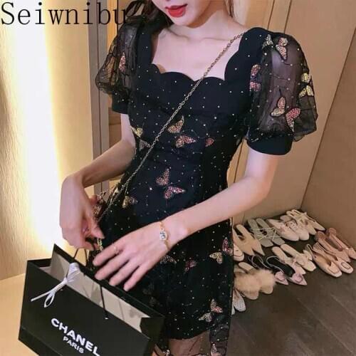 Seiwnibu 2020 New summer Women Sexy Embroidery Butterfly Sequined Dress Sweet Girls Puff Sleeve casual Slim party Dress