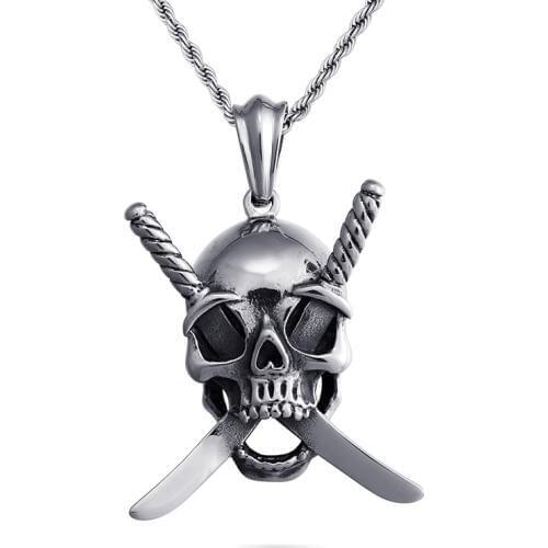 Punk non-mainstream rock double knife skull mens pendant hanging titanium steel
