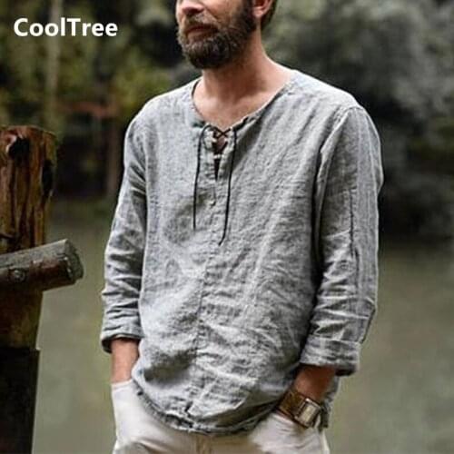 CoolTree Men Cotton linen T-shirts Spring Summer Solid Color V-Neck bandage Long Sleeves T shirts Male Casual slim Fit Tees Tops
