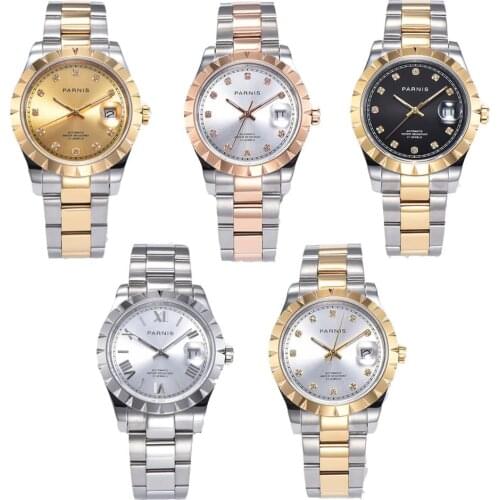 PARNIS New Luxury 39mm Self Winding Men Wristwatch Sapphire Glass Date Window Mental Strap MINGZHU Movement