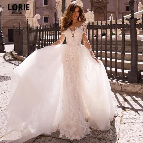 LORIE Charming Wedding Dresses Elegant Lace Appliques Mermaid Bride Gowns with Full Sleeve Detachable Fluffy Skirt Custom Made