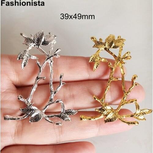 10 pcs - Leaves Branch With 2 Loops on Back 39x49mm Gold Silver-color Metal Casted Tree Branch Pendant For Jewel Crafts -Y