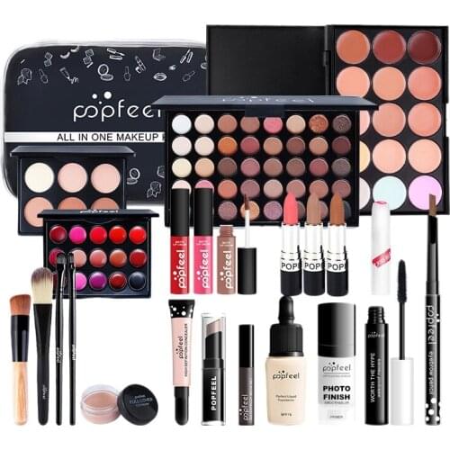 Popfeel Professional Make Up Sets Cosmetics Kit Eyeshadow Lipstick Eyebrow Pencil Lip Gloss Makeup Brush Powder Puff With Bag