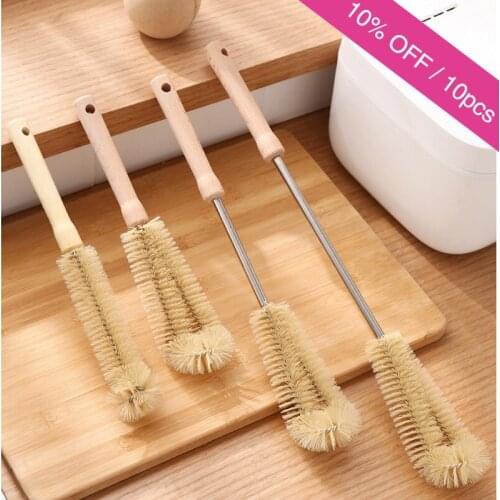 Kitchen Cleaning Brush Long handled L-shaped Coffee Tea Glass Cup Baby Bottle Brush Hangable Wooden Handle Cleaner Gadgets