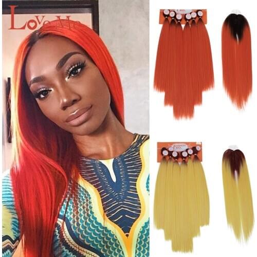 LOVE ME Synthetic Yaki Straight Hair Bundles 7Pcs/Pack 16-20inch Ombre Synthetic Hair Bundles With Closure Weave Hair Extension