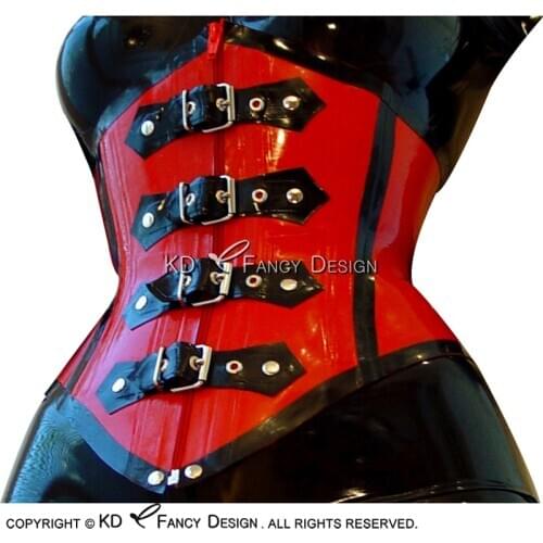 Red And Black Trims Sexy Latex Corsets With Lacing Front Back Zipper Belts Rubber Bustiers Top CY-0017