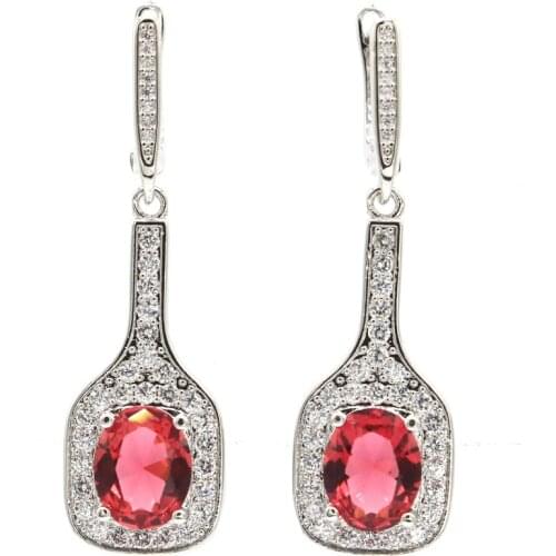 45x13mm SheCrown European Design Pink Raspberry Rhodolite Garnet CZ Women Dating 925 Sterling Silver Dangle Earrings